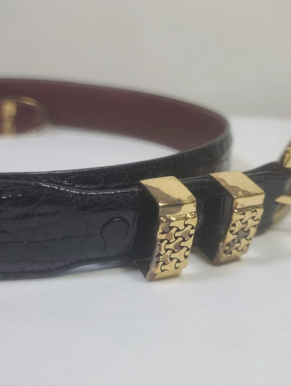 Alexander’s Sterling Silver Gold Plated Black Alligator Belt & Buckle USA Sz 34